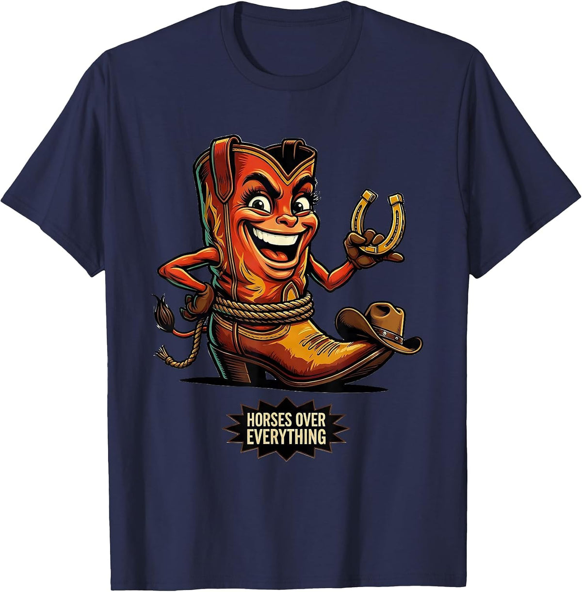 Horses Over Everything Western Women Design T-Shirt - Navy Blue