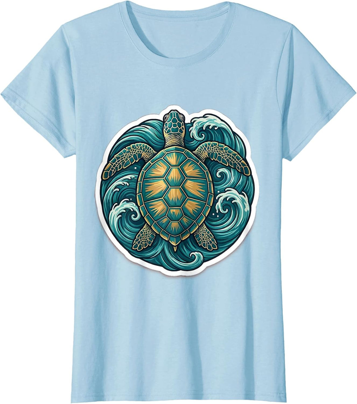 Women's Sea Turtle Ocean Waves Illustration T-Shirt - Baby Blue