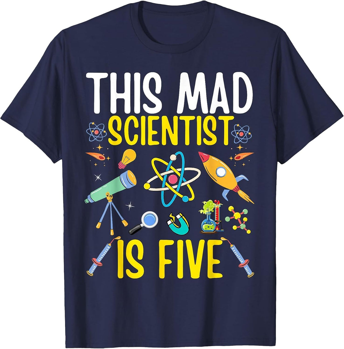Mad Scientist Tshirt Kids Science Chemistry Birthday Age 5 T-Shirt - Navy Blue