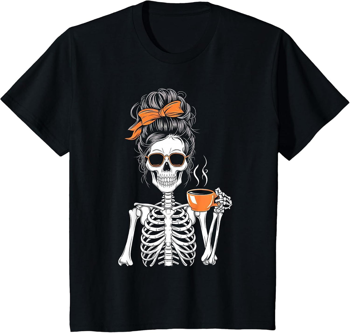 Halloween Skeleton Messy Bun Coffee Funny Costume Mom Women T-Shirt - Black