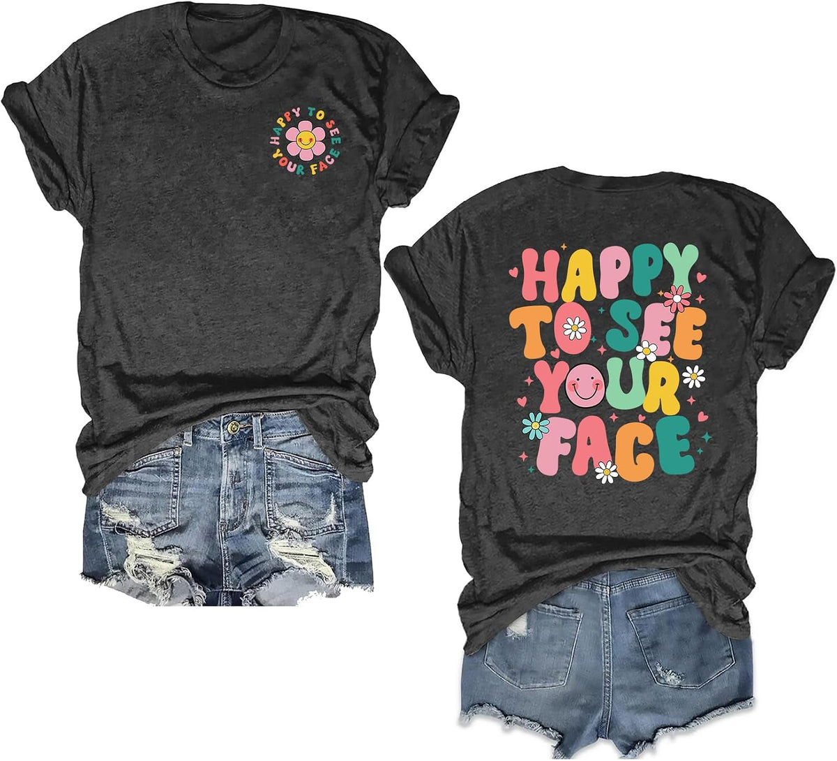 Teacher Shirts for Women Happy to See Your Face Shirt First Day of School Tshirt Back to School Teacher Life Tee Tops -