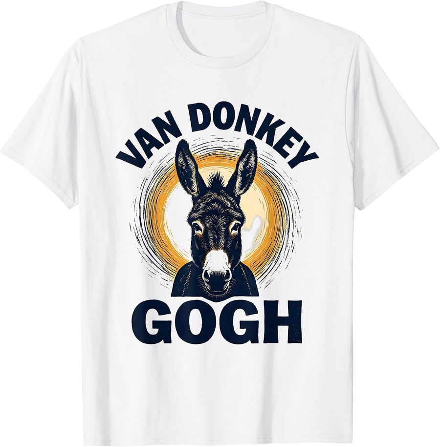 Men's Van Donkey Gogh Linocut Donkey Lover Animal Meme Humor T-Shirt - White