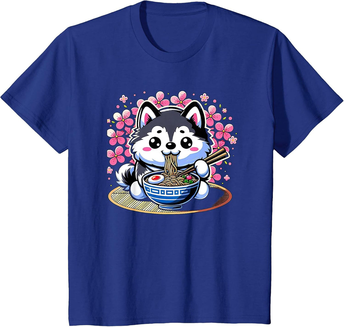 Kawaii Siberian Husky Dog Eating Ramen T-Shirt - Royal Blue