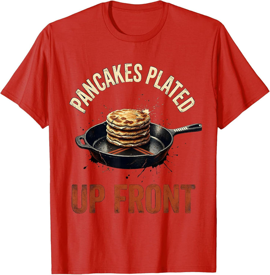 Men's Pancakes Plated Up Front Distressed Football Lineman Humor T-Shirt - Red