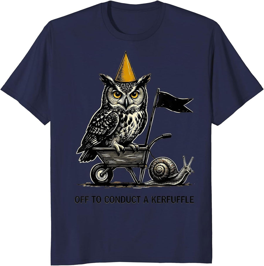 Off To Conduct A Kerfuffle Linocut Owl Meme Humor T-Shirt - Navy Blue