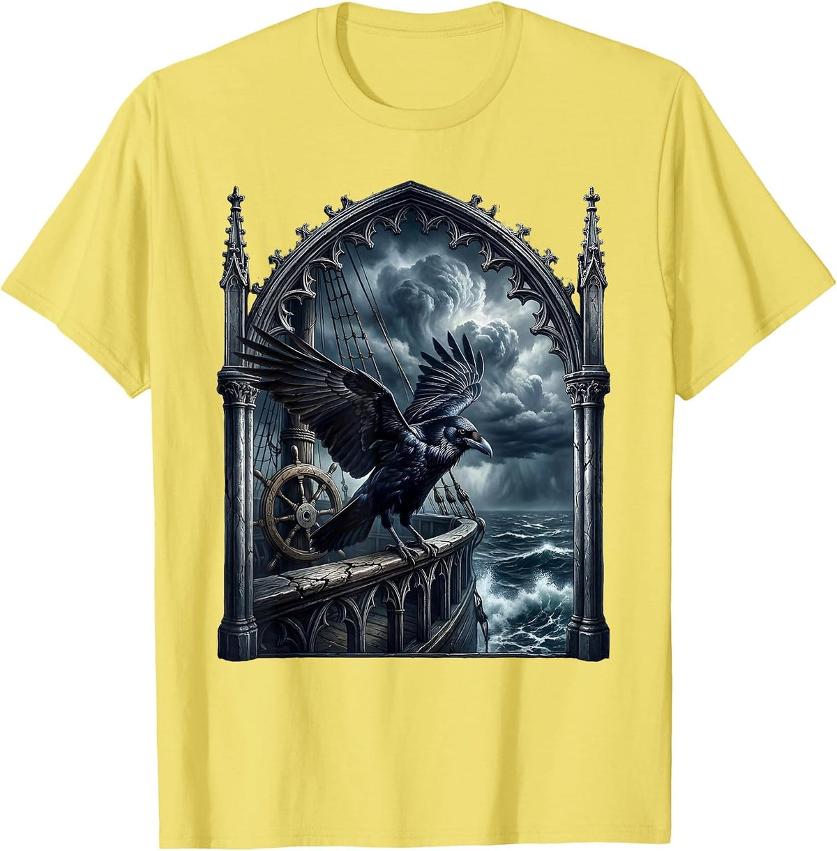 Men's Raven on Ship Railing Stormy Dusk Pirate Design T-Shirt - Lemon Yellow