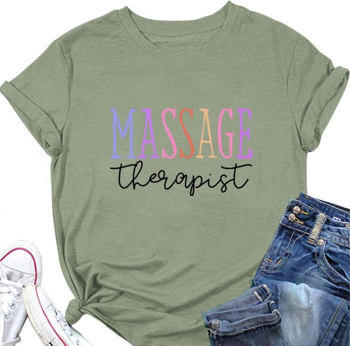 Massage Therapist T-Shirt for Women Spa Therapist Shirts Massage Lover Tee Massage Therapy Gift Short Sleeve Top - Olive