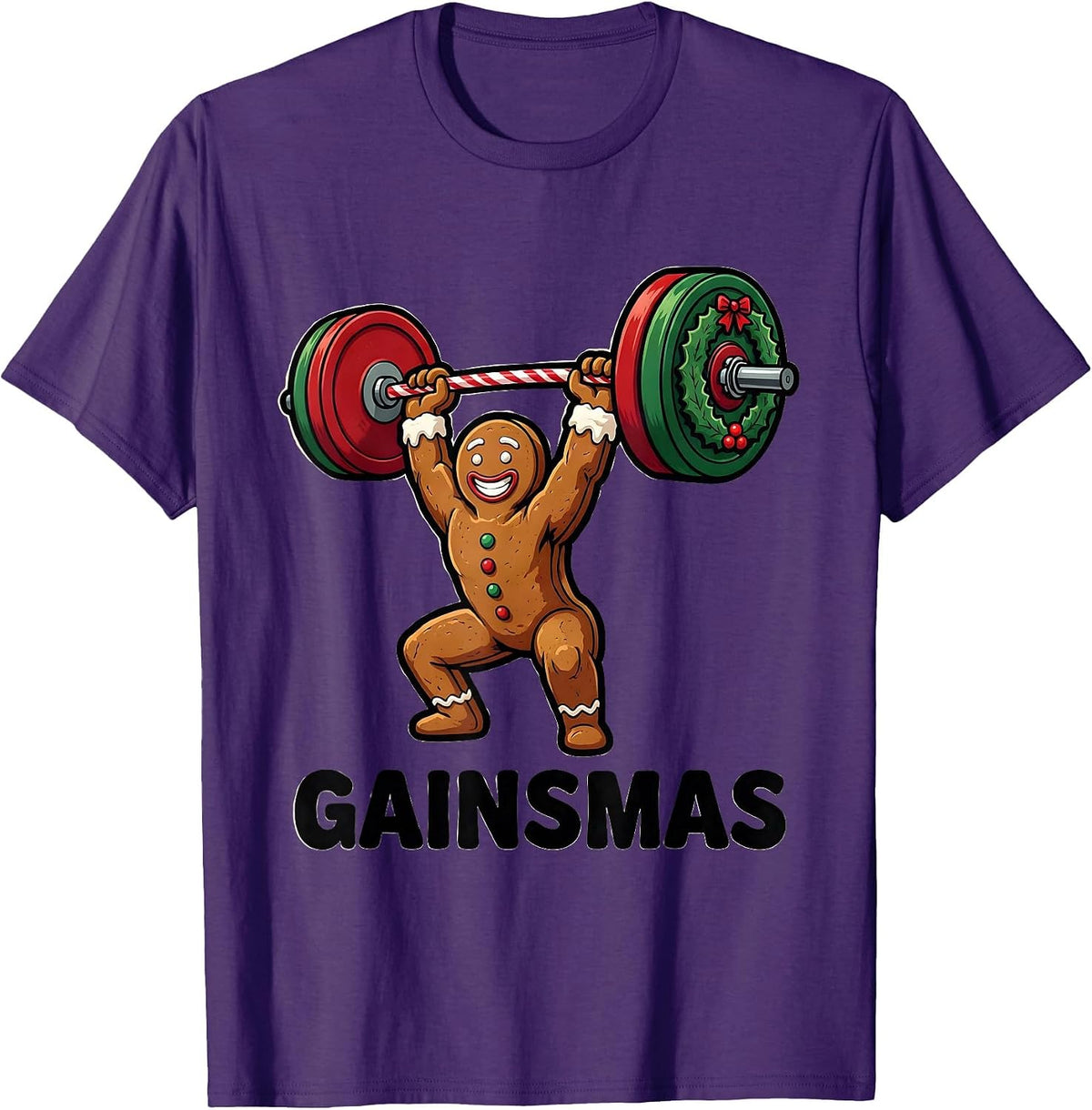 Men's Gainsmas Cartoon Gingerbread Lifter Funny Christmas Gym T-Shirt - Purple