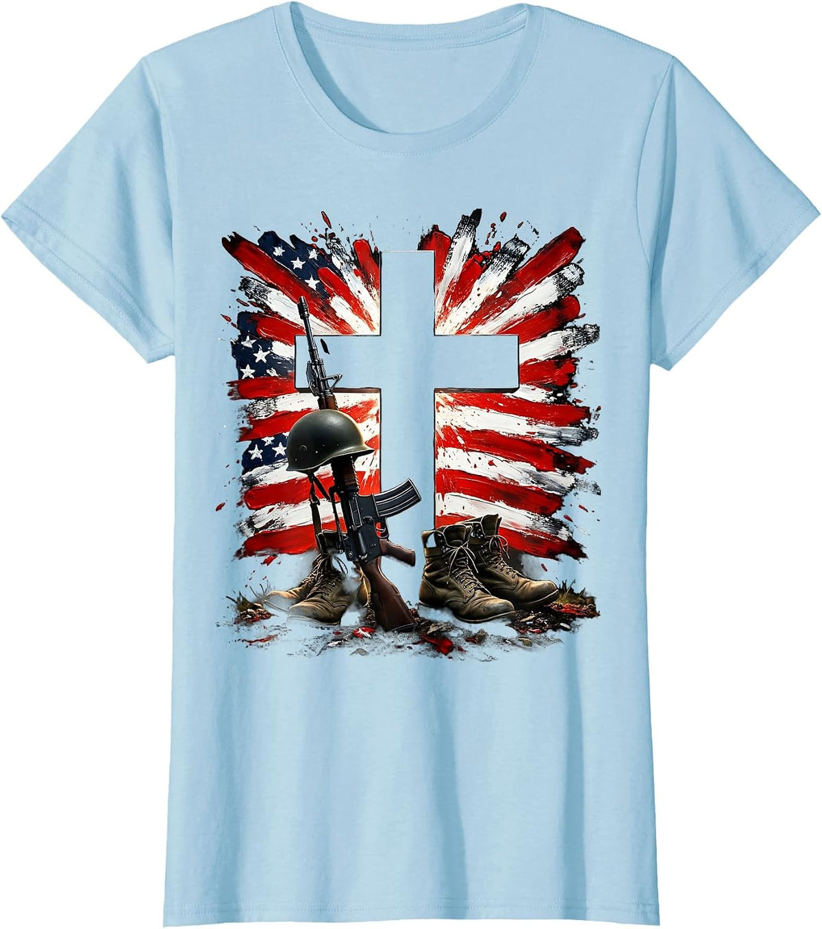 Battlefield Cross Memorial Boots and Rifle Illustration T-Shirt - Baby Blue