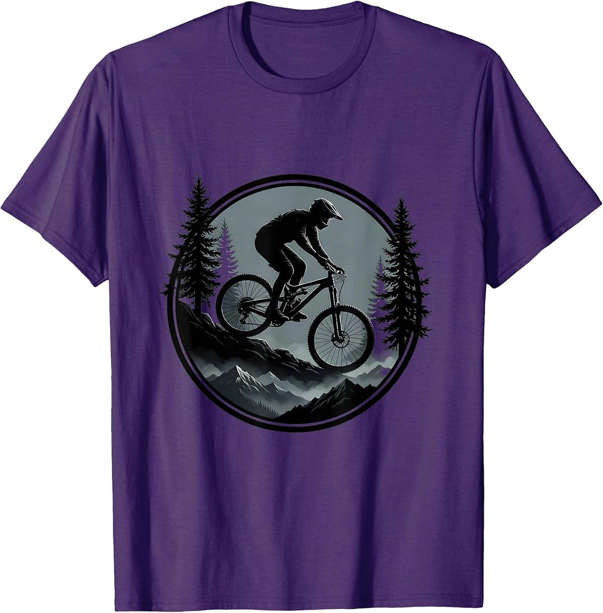 Mountain Biker Descending Misty Forest Trail T-Shirt - Purple