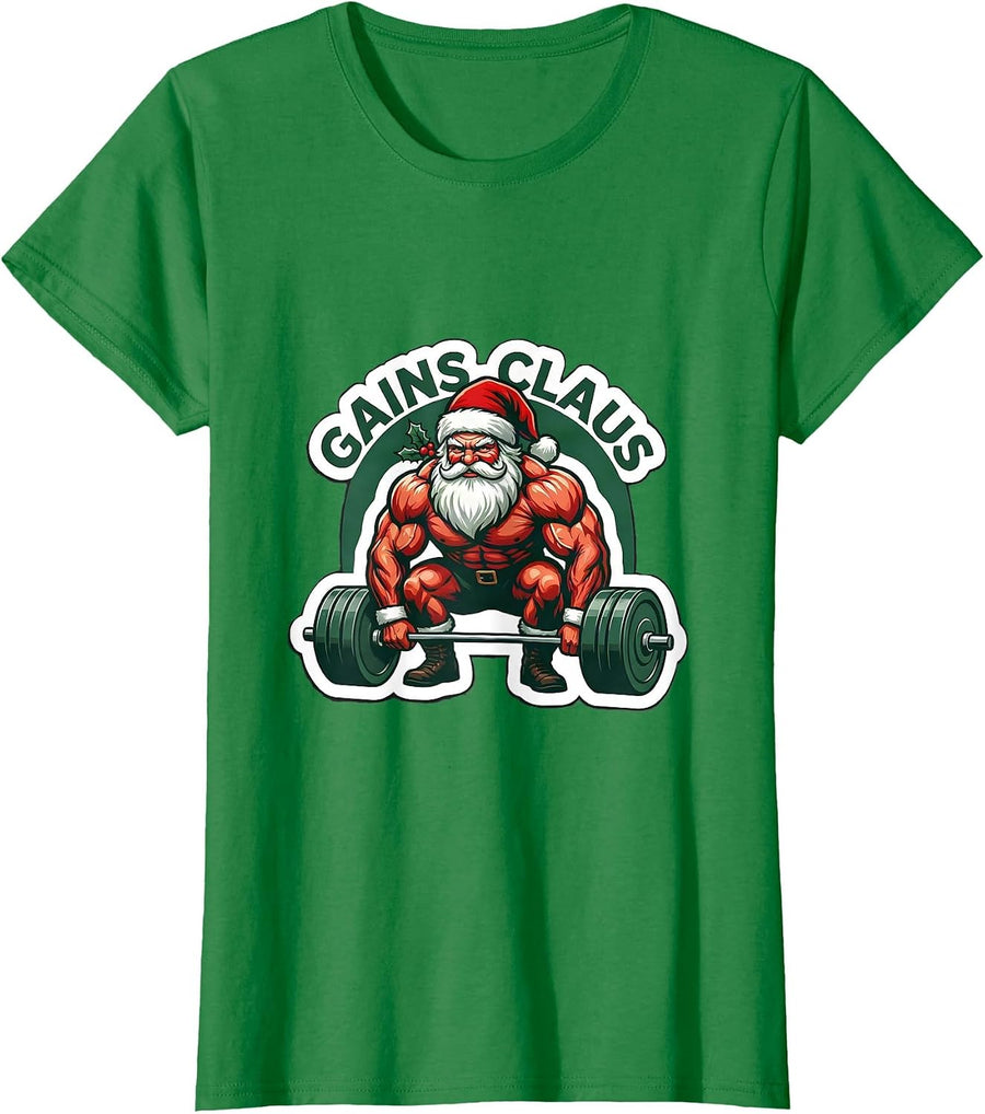Women's Gains Claus Funny Christmas Gym Bodybuilder Weightlifting T-Shirt - Kelly Green