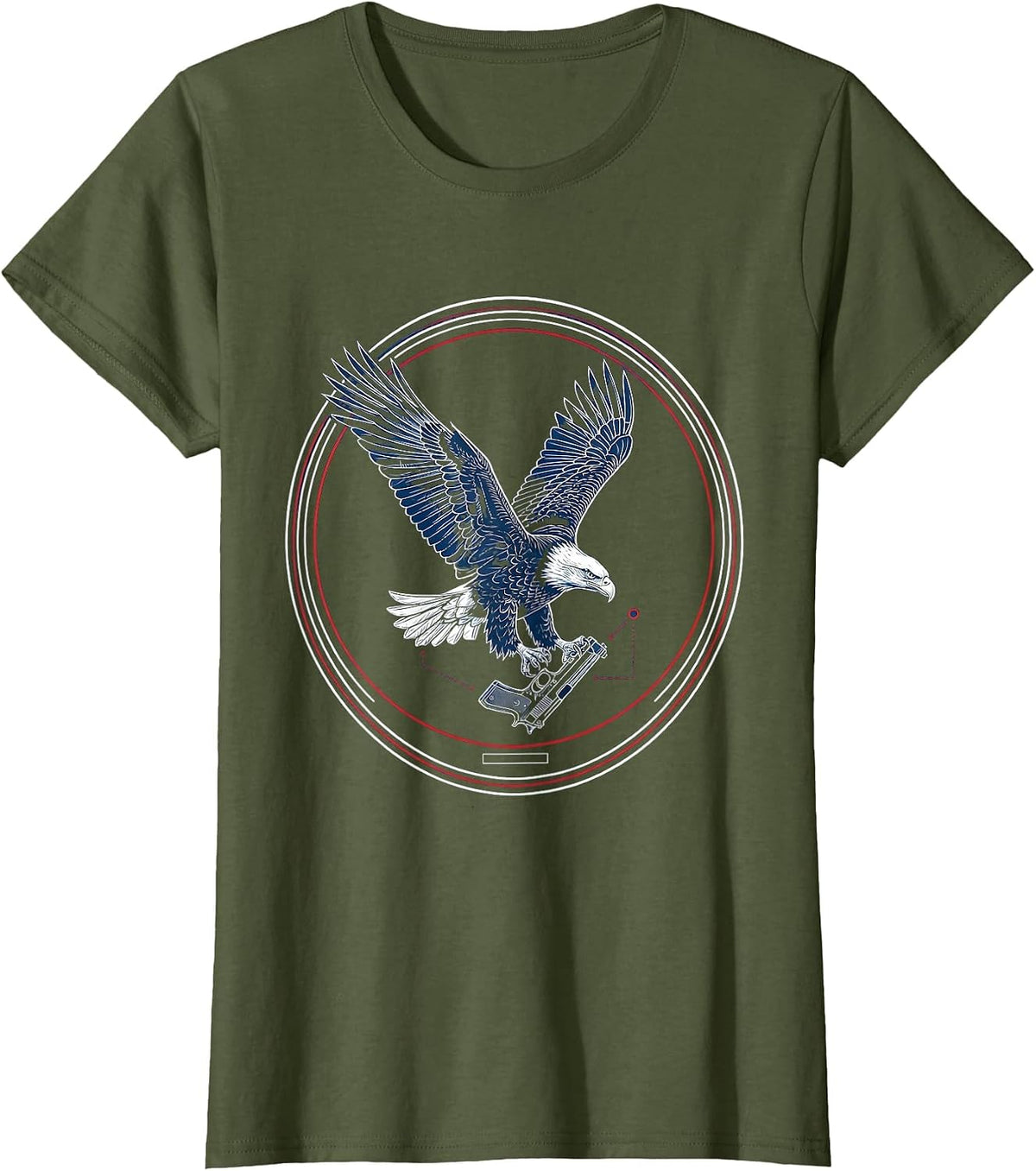 Women's Bald Eagle Diving With Pistol Patriotic Graphic T-Shirt - Olive Green