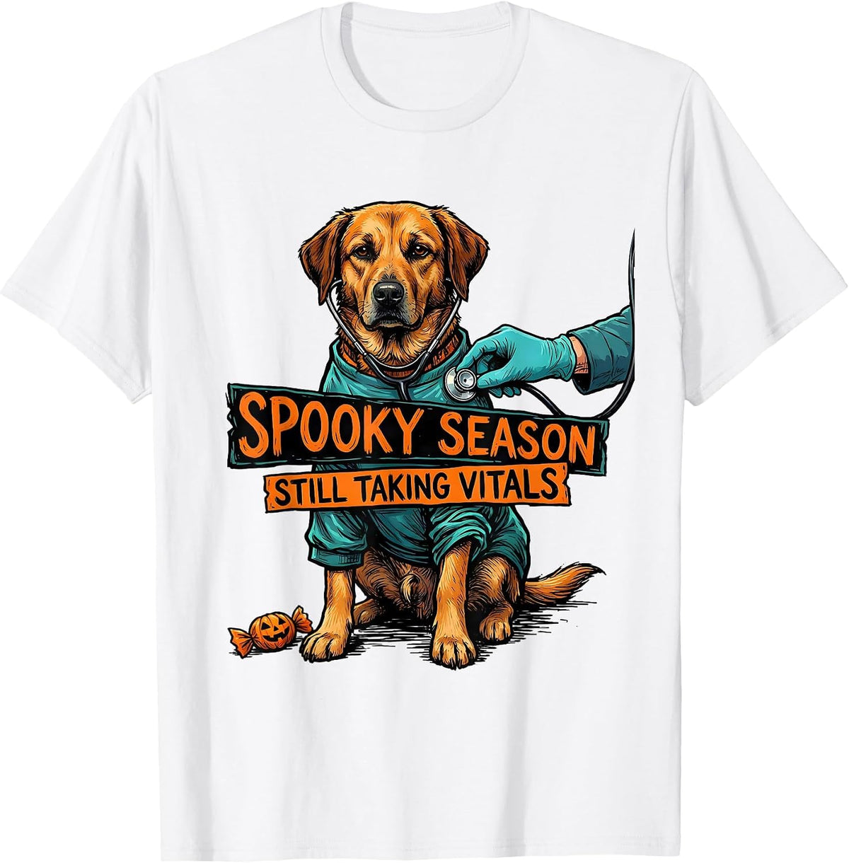 Men's Spooky Season, Still Taking Vitals Funny Vet Tech Veterinary T-Shirt - White