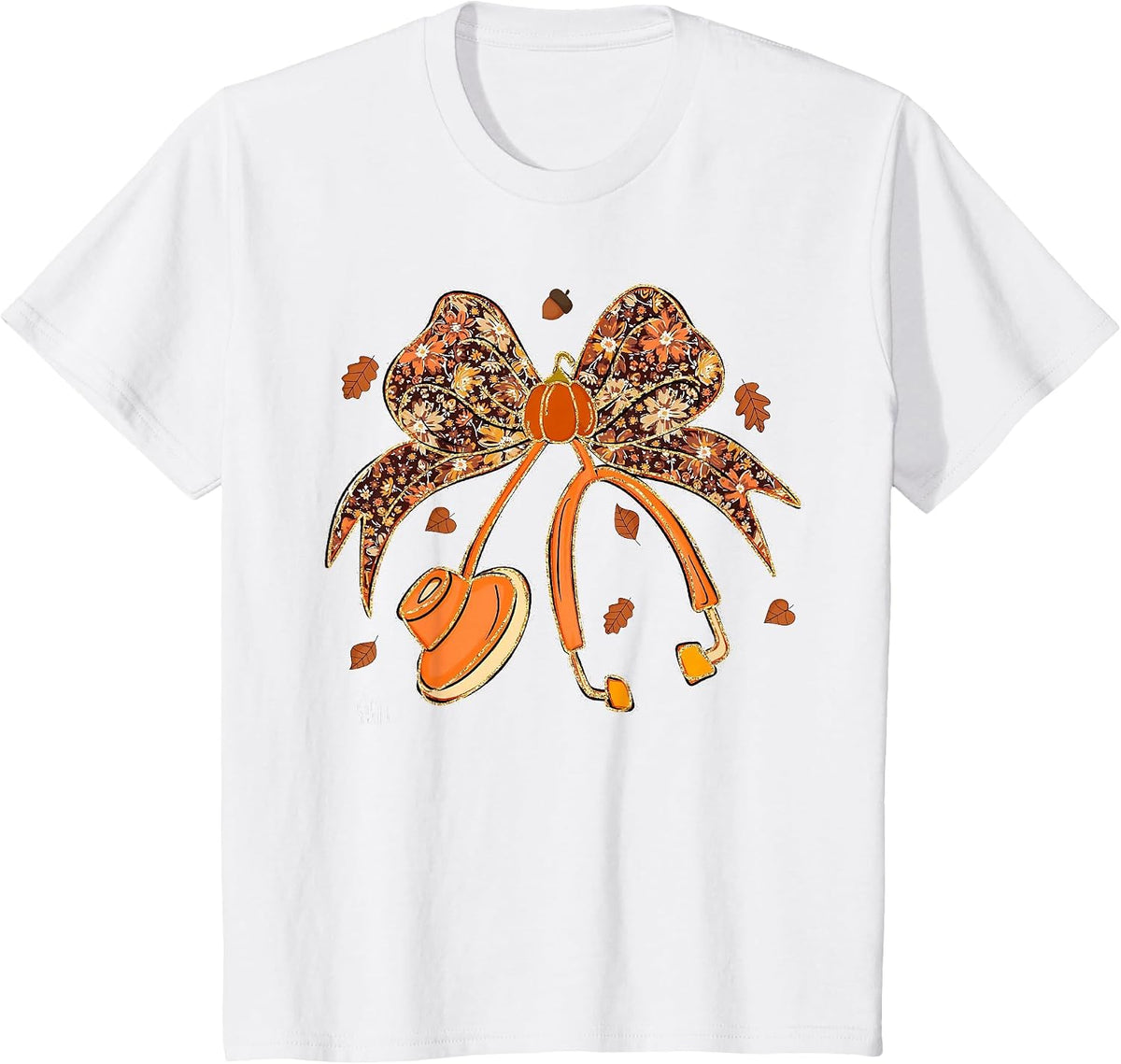 Nurse Coquette Bow Stethoscope Leaves Thanksgiving Autumn T-Shirt - White