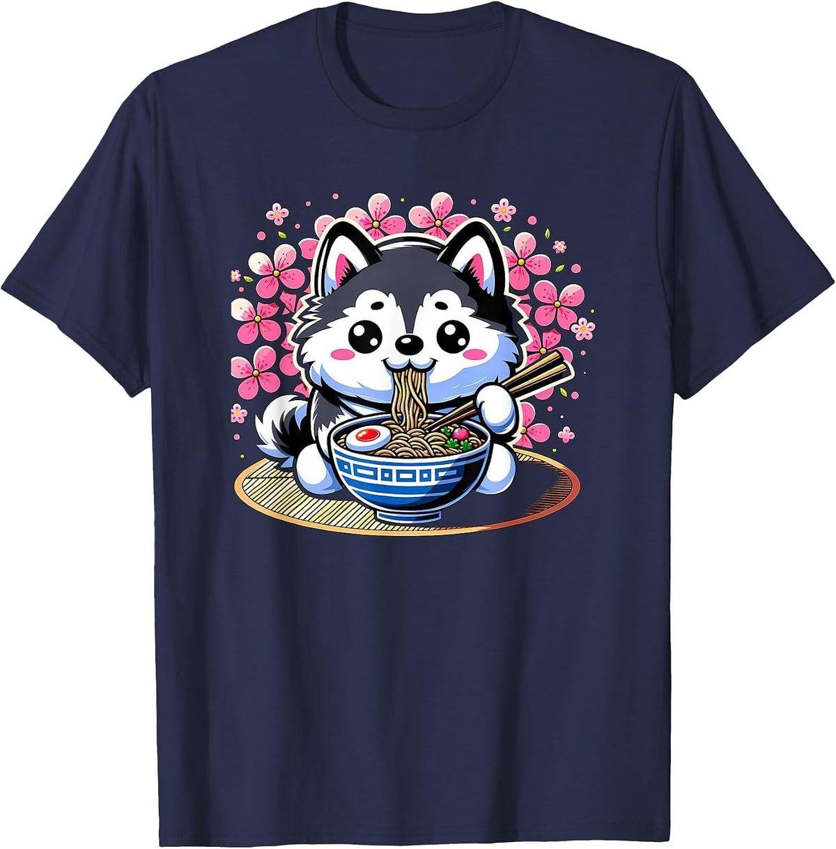 Kawaii Siberian Husky Dog Eating Ramen T-Shirt - Navy Blue
