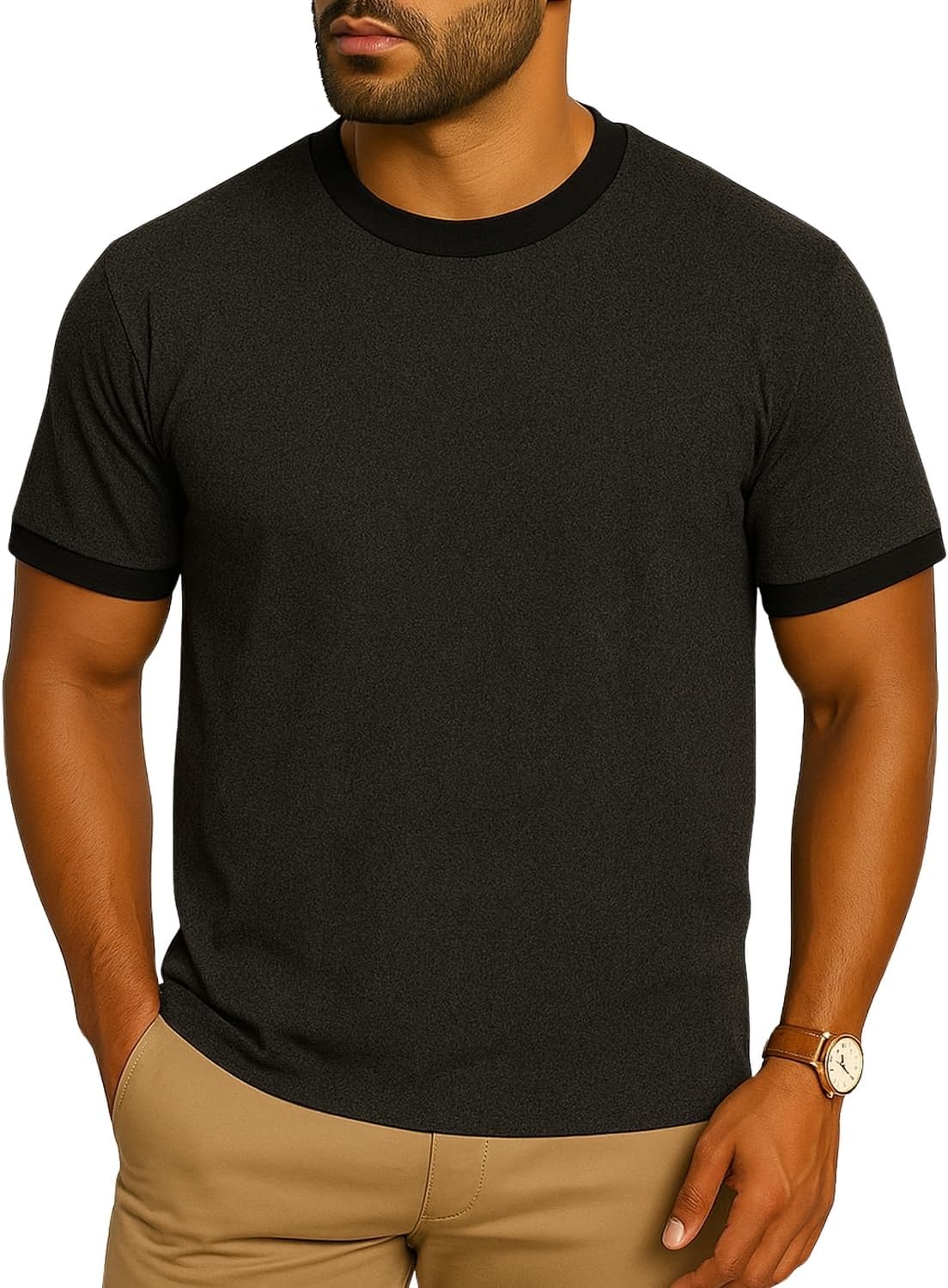 JustBlanks Men's Ringer Tee Shirt – 100% Cotton Short Sleeve Tshirt for Men - Dark Heather Grey\/ Jet Black
