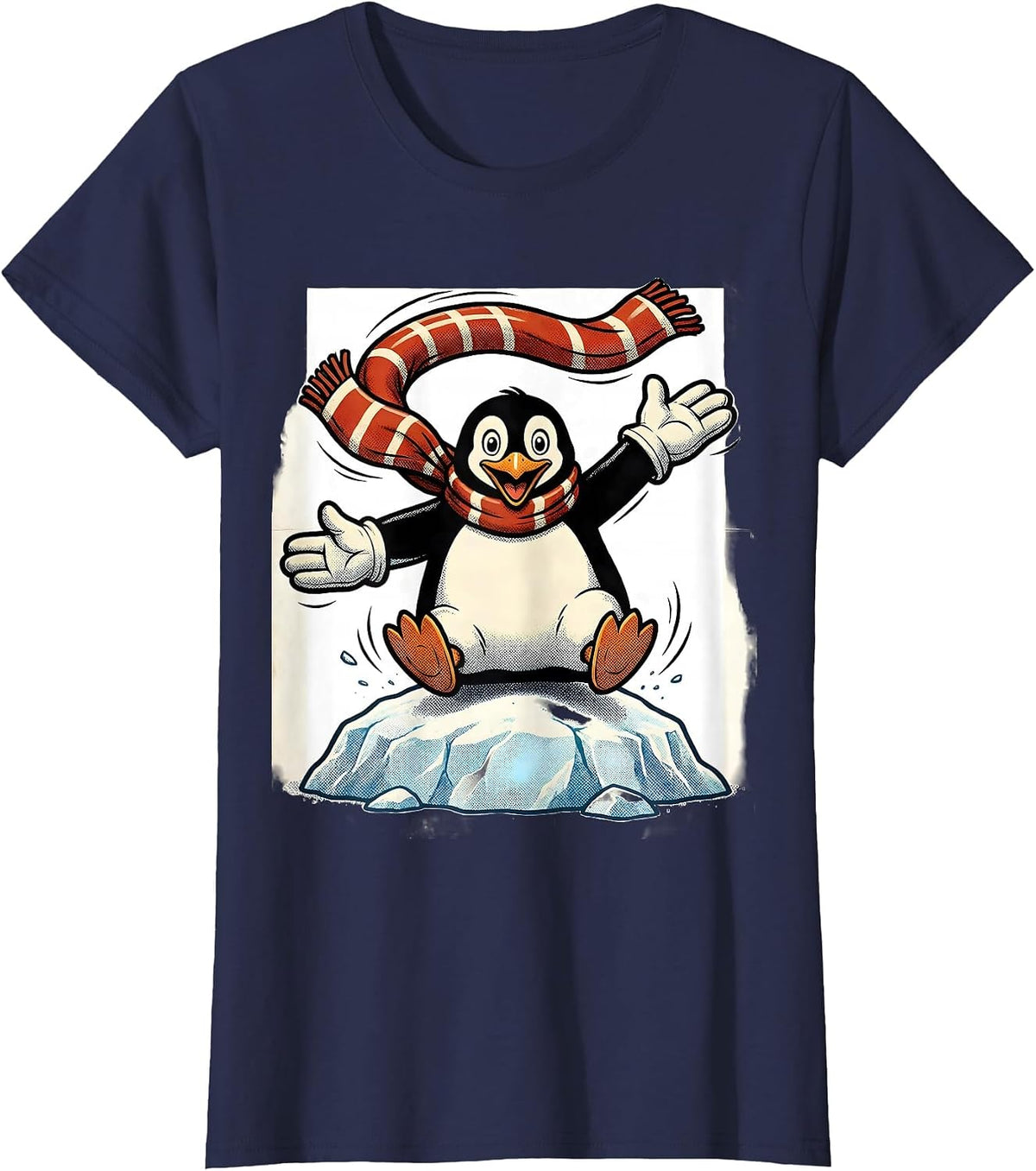 Women's Bouncy Penguin Retro Cartoon Penguin Lover Humor T-Shirt - Navy Blue