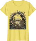 Sacred Garden Gate with Climbing Roses Christian Art T-Shirt - Lemon Yellow