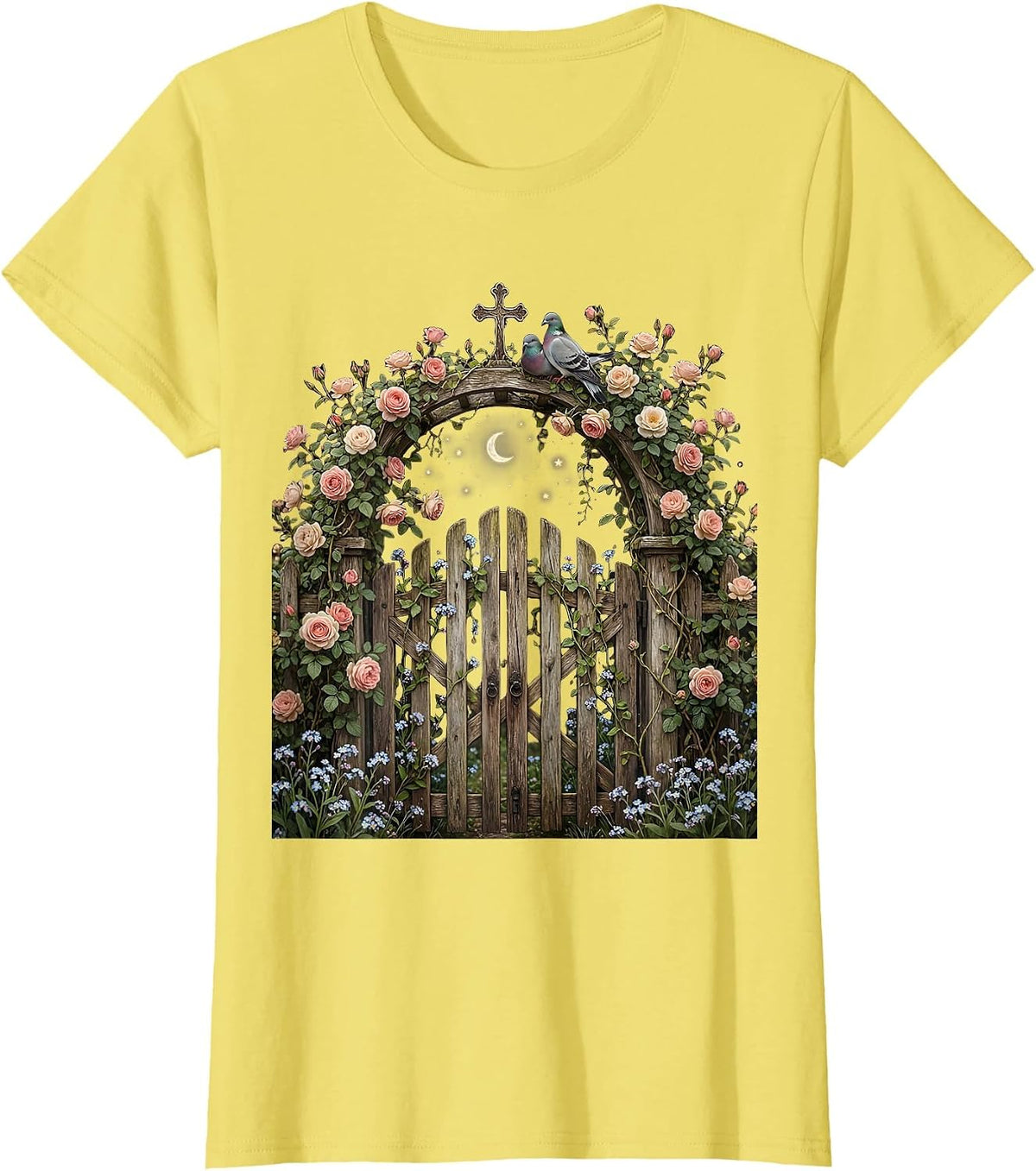 Sacred Garden Gate with Climbing Roses Christian Art T-Shirt - Lemon Yellow