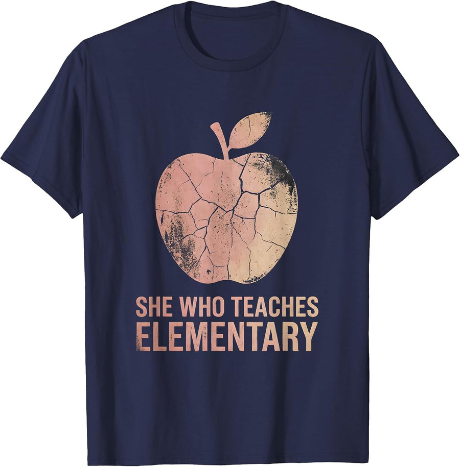 She Who Teaches Elementary Educator Design T-Shirt - Navy Blue