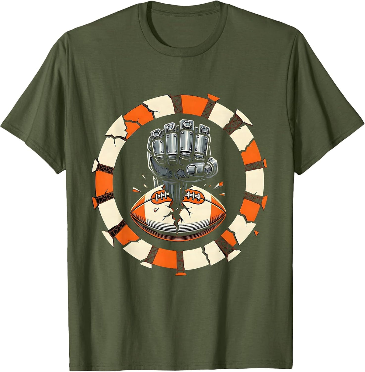 Mechanical Fist Punching Rugby Ball Graphic T-Shirt - Olive Green
