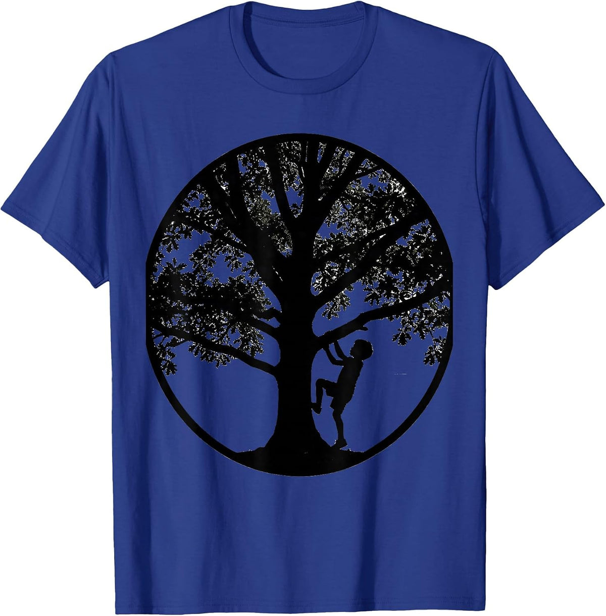 Young Boy Climbing Tall Oak Tree Illustration T-Shirt - Royal Blue