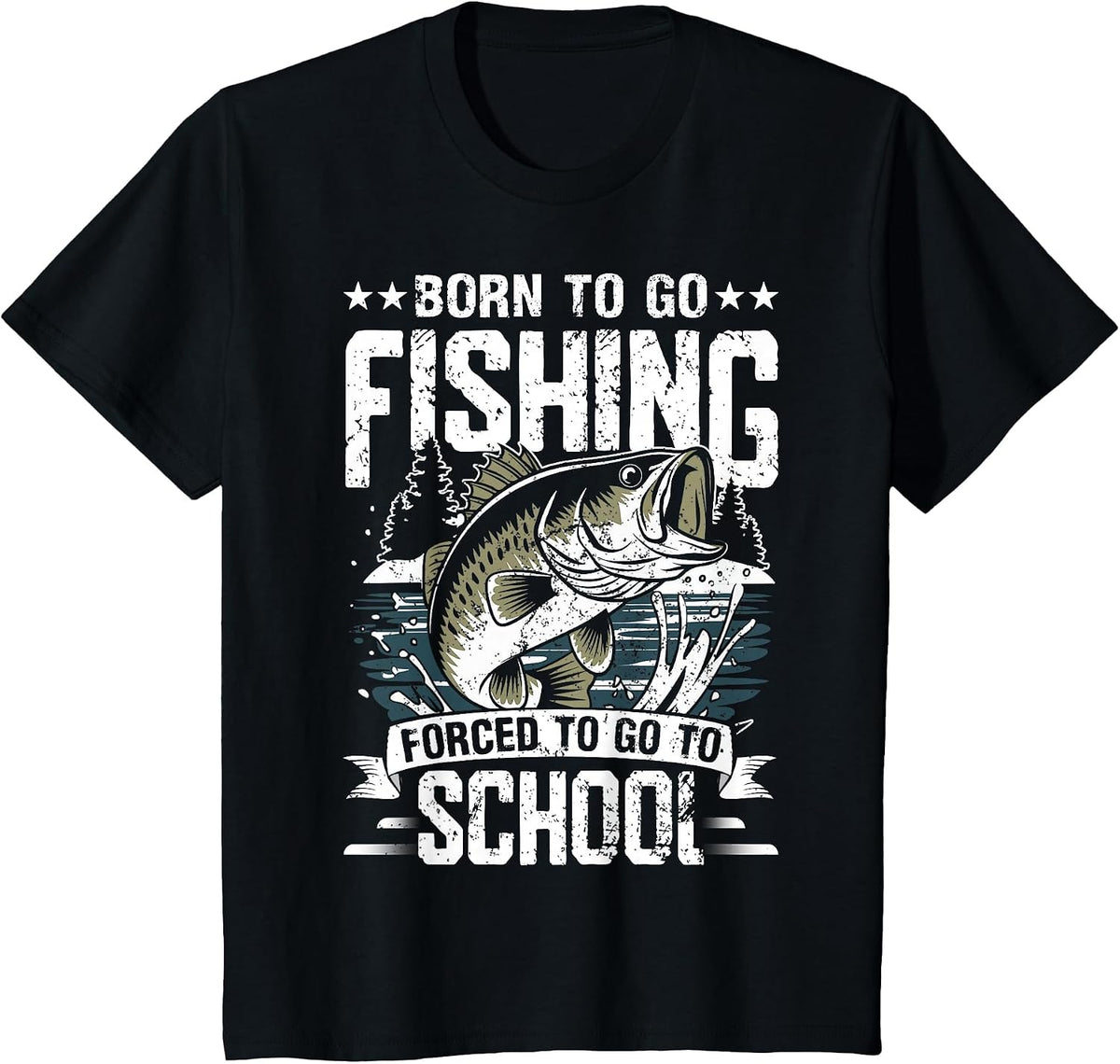 Teen Boys Fishing Shirt Forced to Go to School Bass Fish T-Shirt - Black