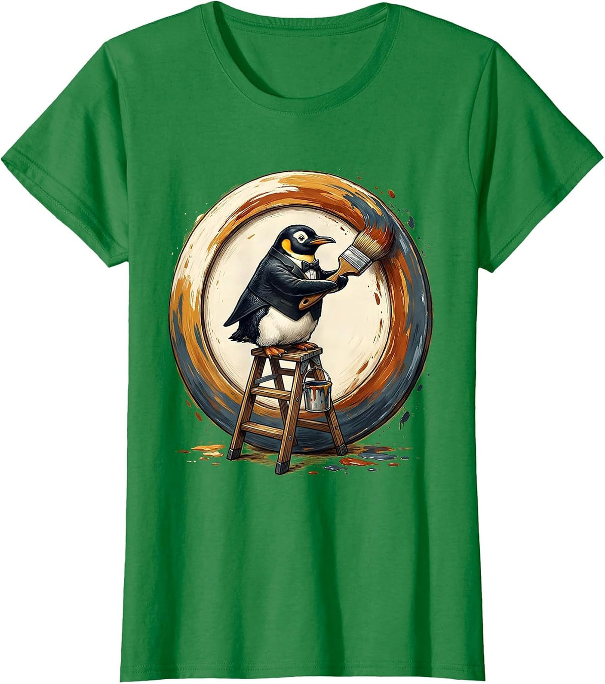 Penguin Painter Mural Art Illustration T-Shirt - Kelly Green