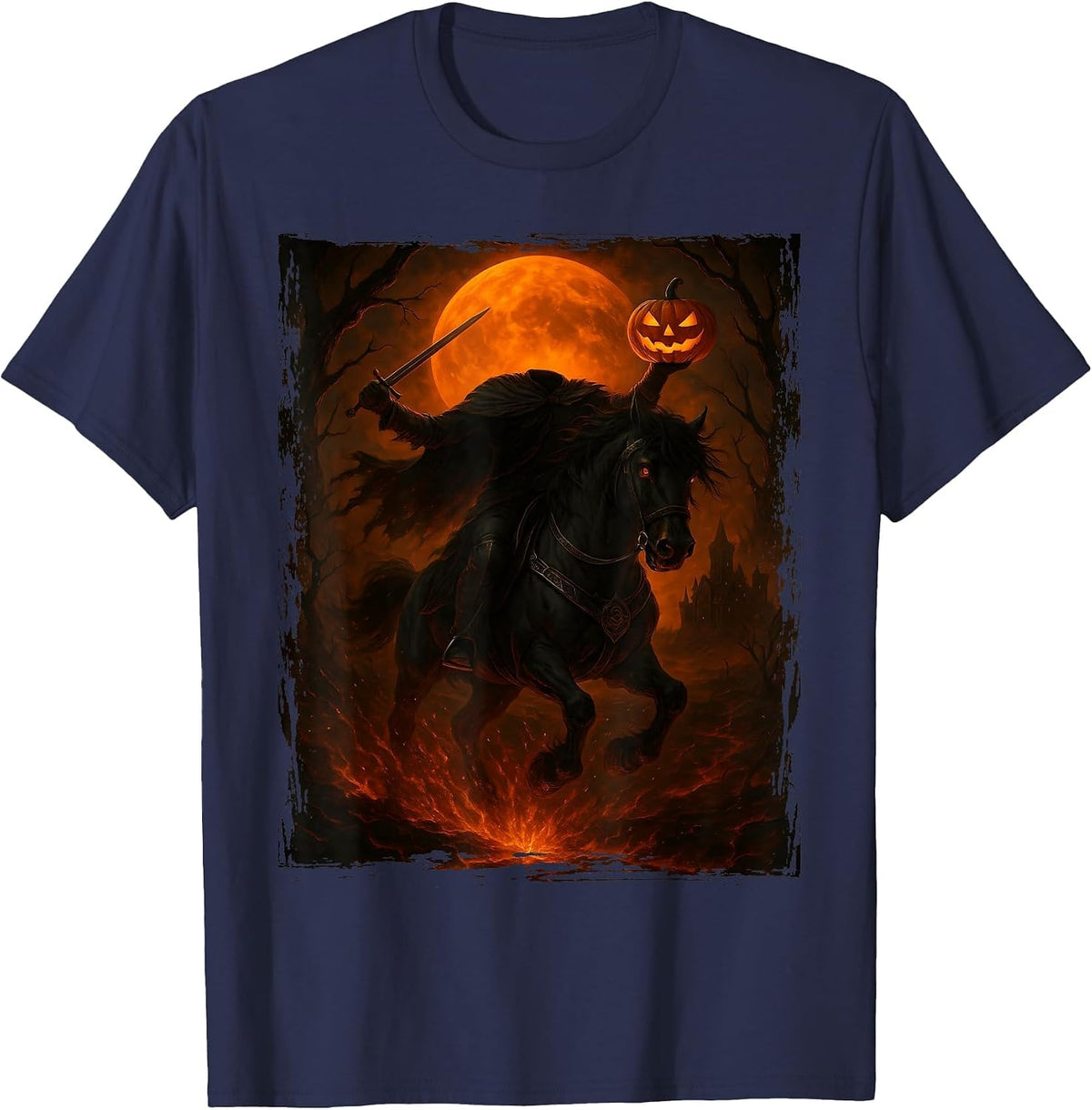 Headless Horseman Scary Pumpkin Halloween Mens Boys T-Shirt - Navy Blue