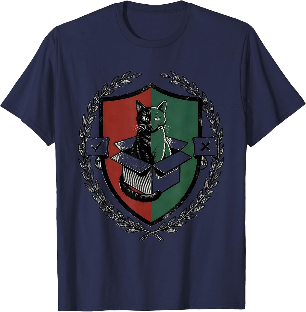 Schrödinger Cat Quantum Physics Humor Emblem T-Shirt - Navy Blue