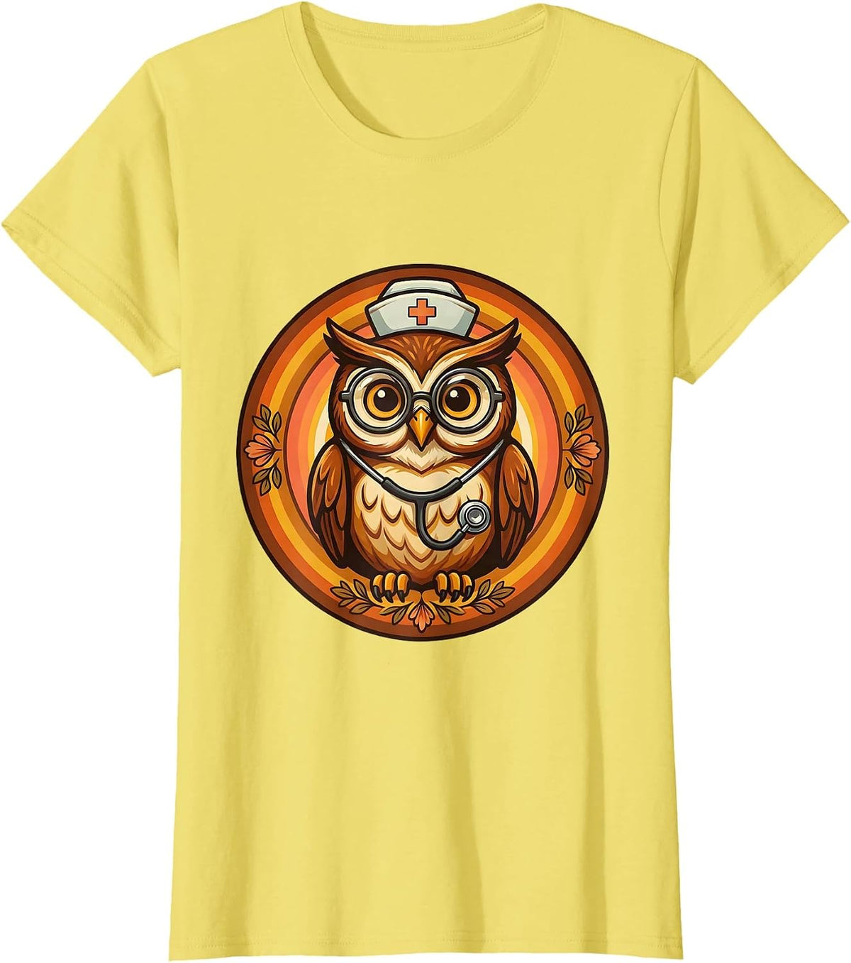 Women's School Nurse Owl with Glasses and Stethoscope T-Shirt - Lemon Yellow