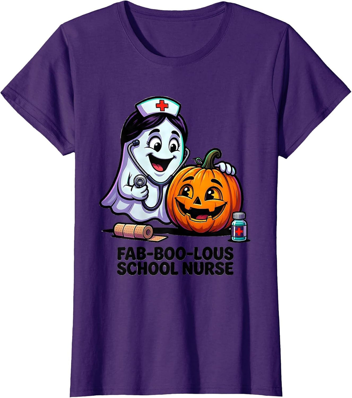 Women's Fab-Boo-Lous School Nurse Cartoon Ghost Halloween Costume T-Shirt - Purple