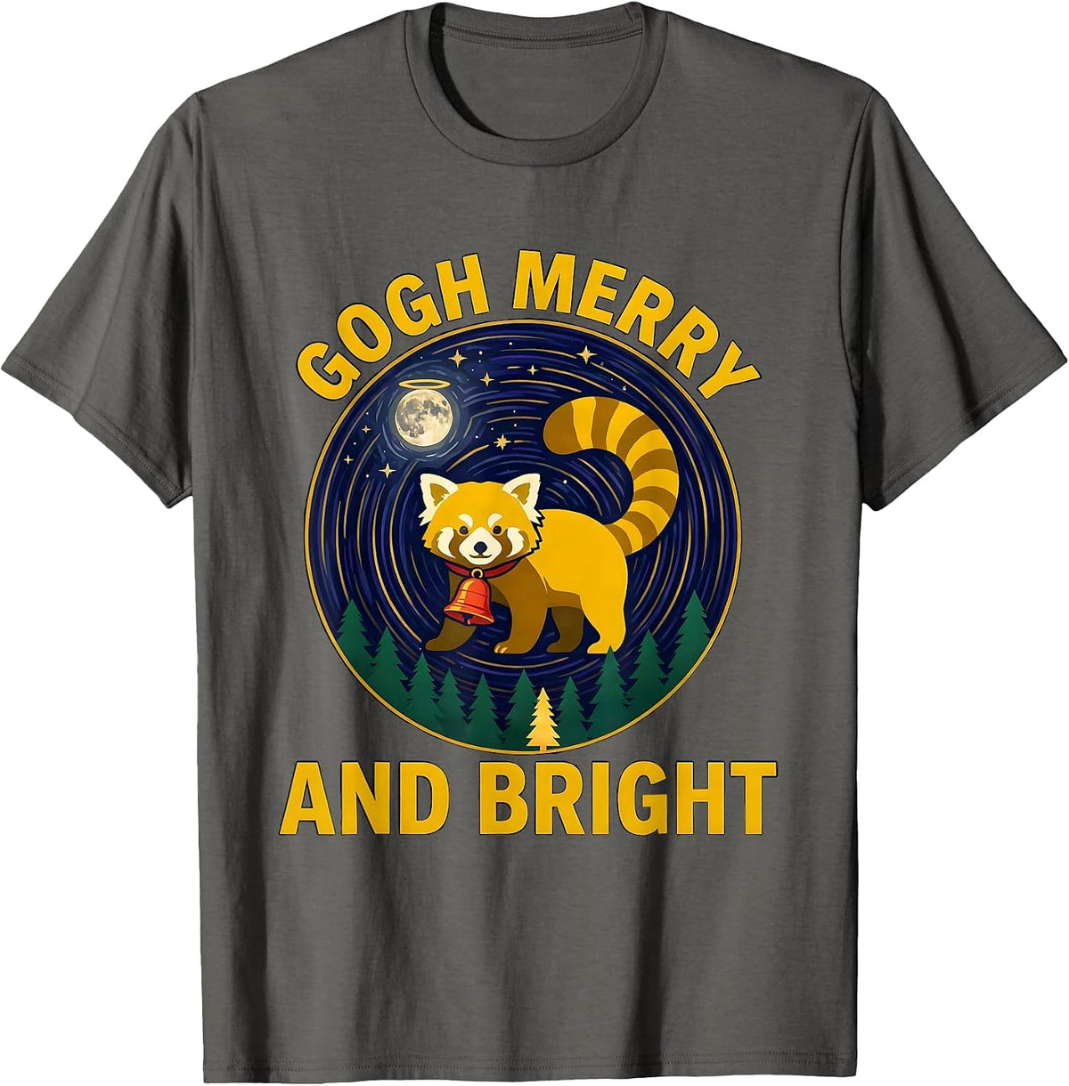 Gogh Merry and Bright Red Panda Whimsical Van Gogh Starry T-Shirt - Asphalt Grey