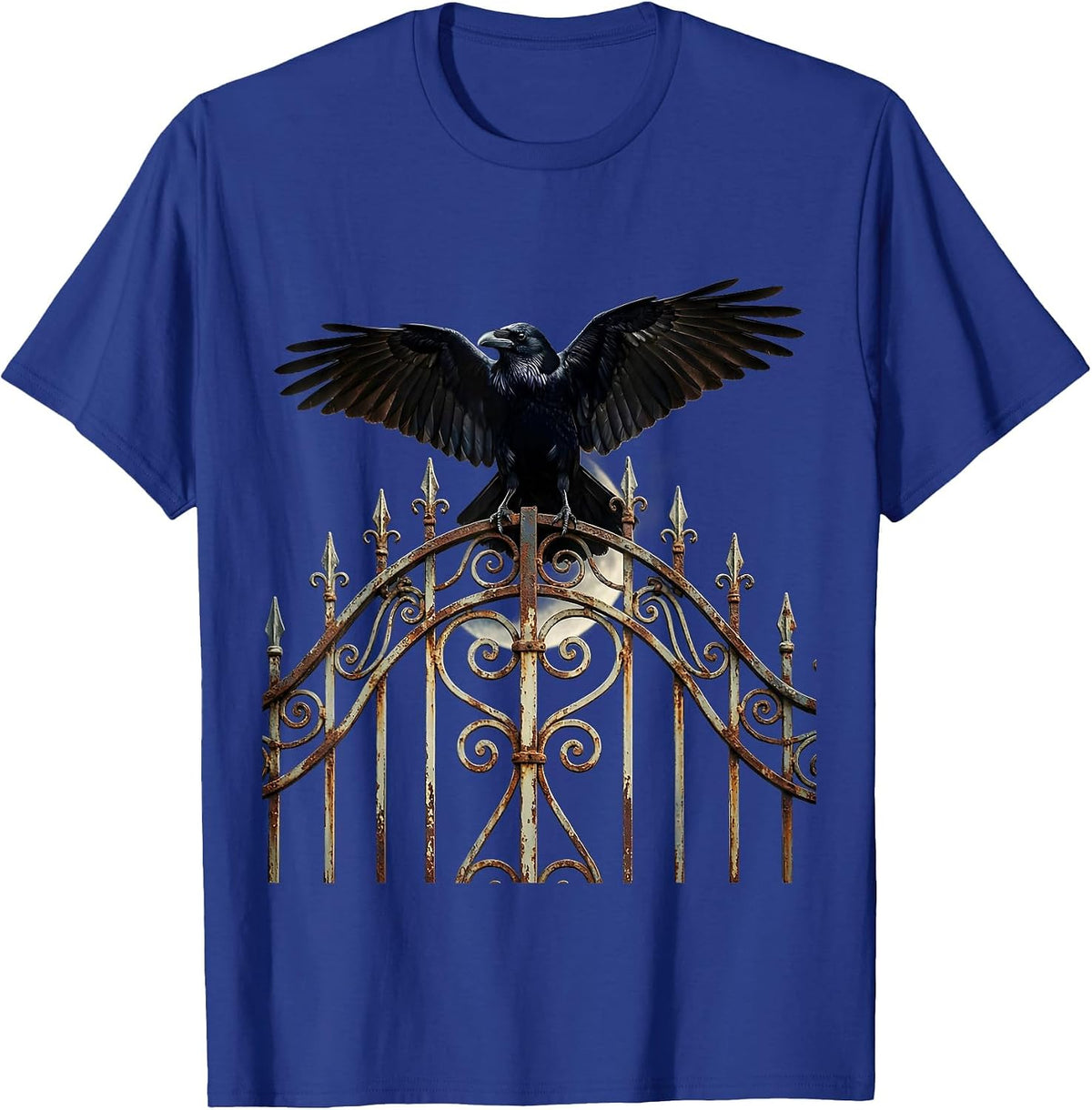 Salem Raven on Wrought Iron Gate Illustration T-Shirt - Royal Blue