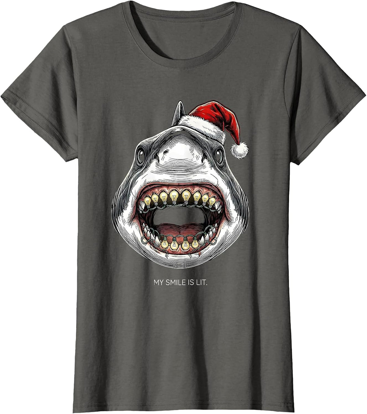 Women's My Smile Is Lit Funny Shark Santa Hat Christmas Lights Humor T-Shirt - Asphalt Grey