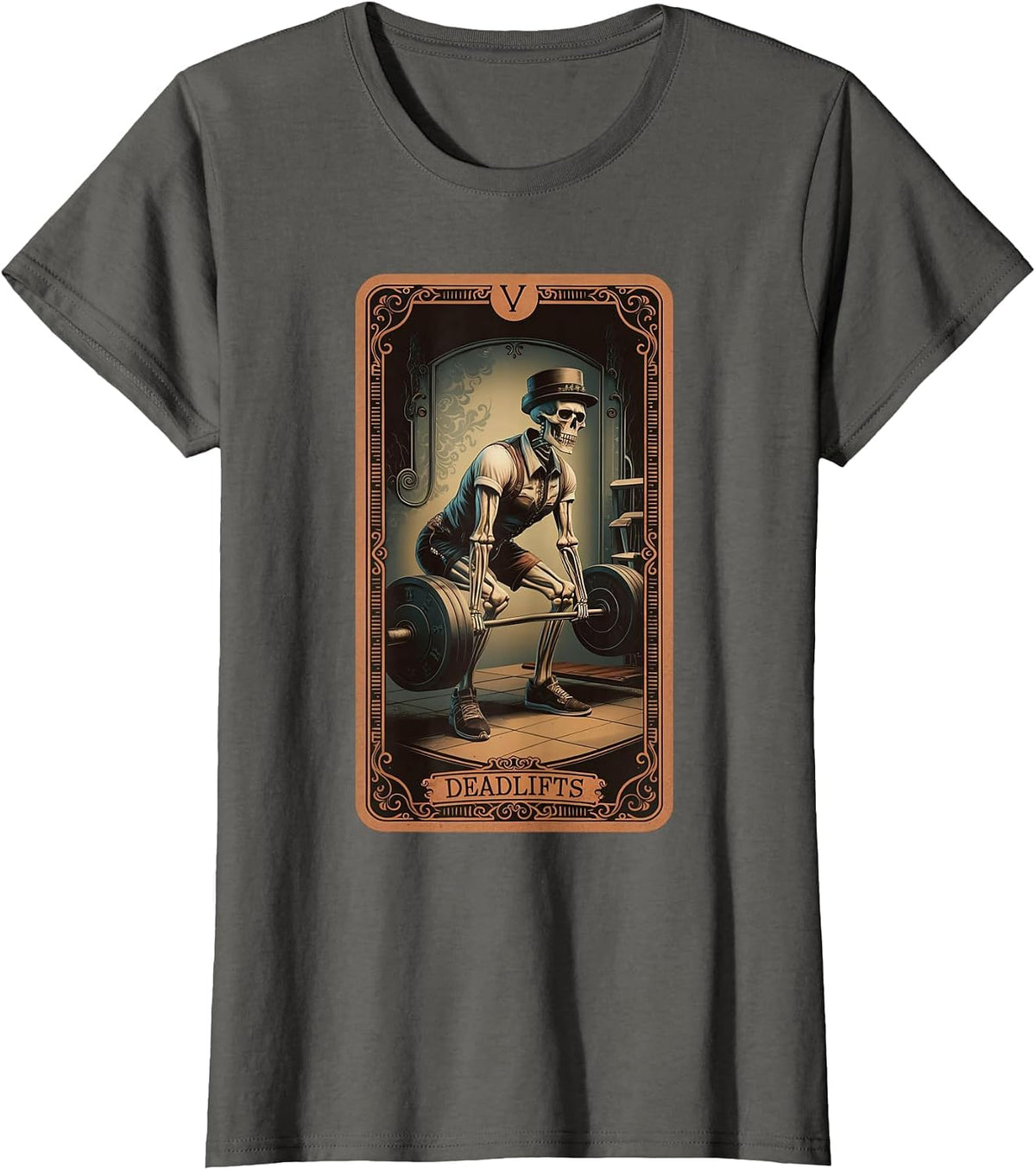Tarot Card Skeleton Deadlifts Powerlifting Weightlifting Gym T-Shirt - Asphalt Grey