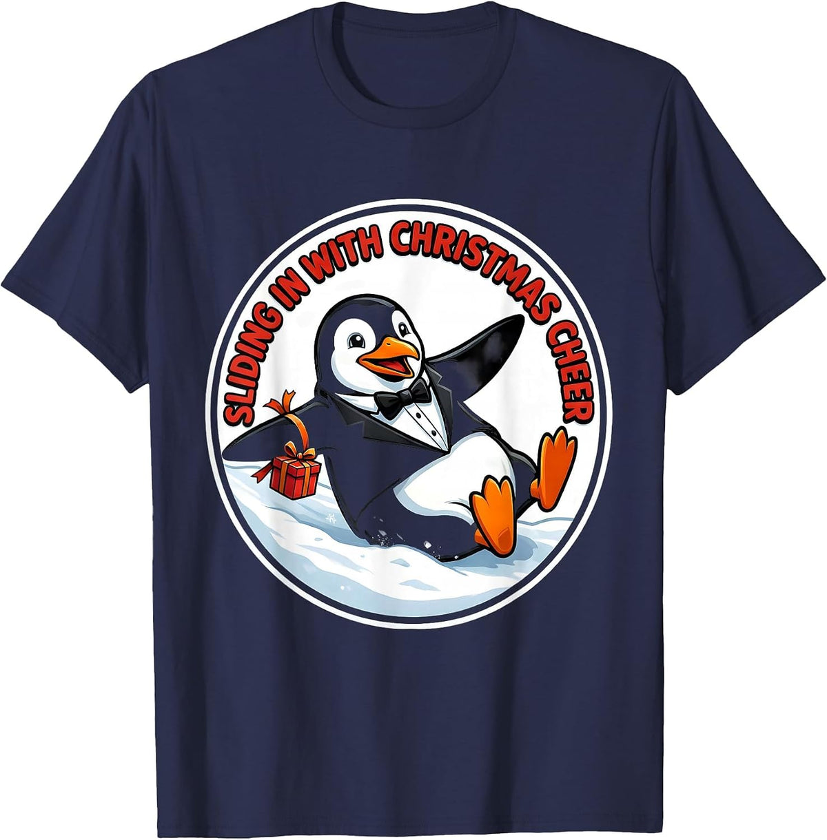 Men's Sliding In With Christmas Cheer Funny Penguin Lover Gift T-Shirt - Navy Blue