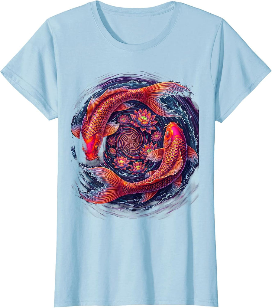 Women's Pink Tie Dye Koi Fish Swirling Water Illustration T-Shirt - Baby Blue