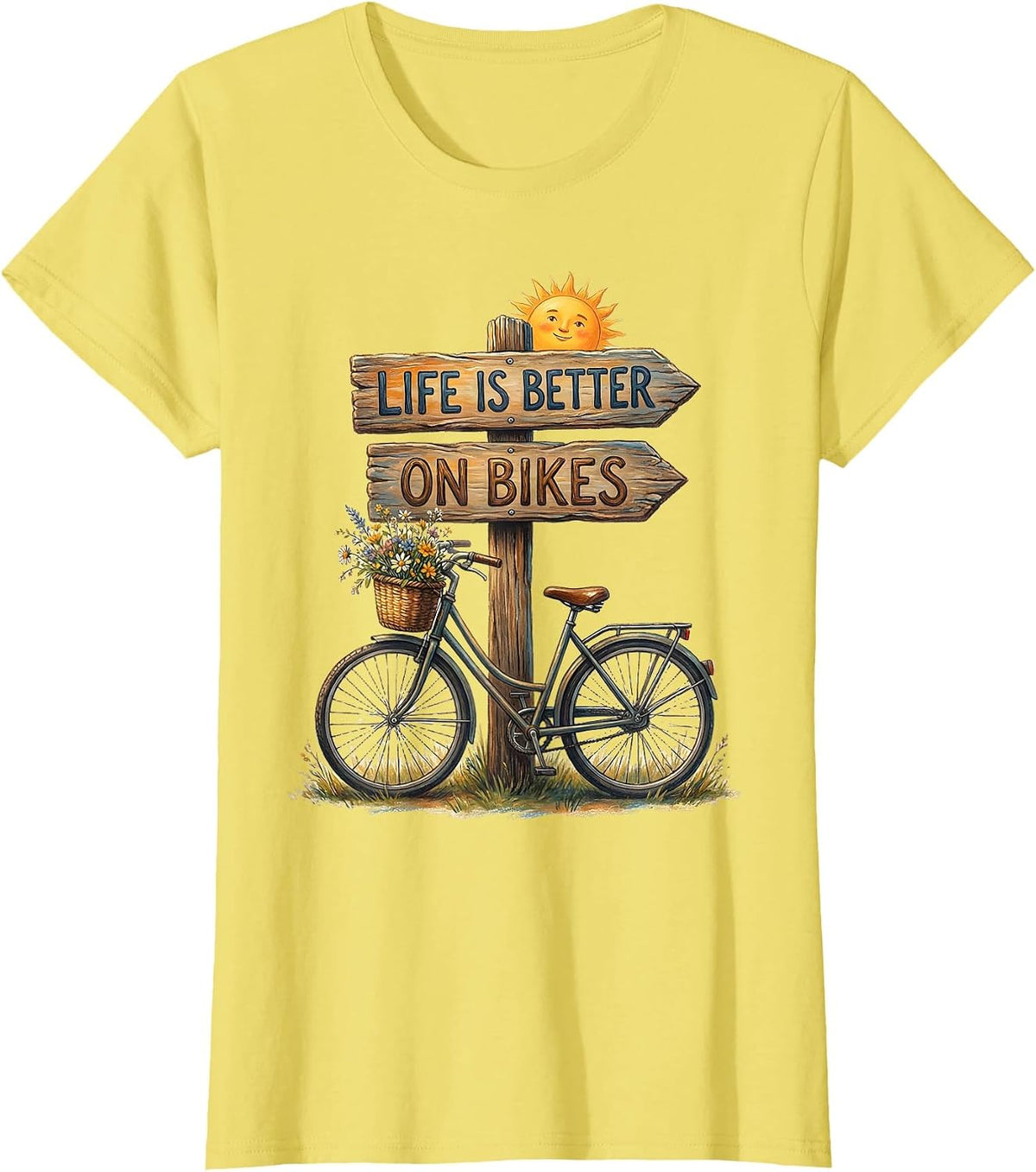 Women's Life Is Better On Bikes Cycling Graphic Design T-Shirt - Lemon Yellow