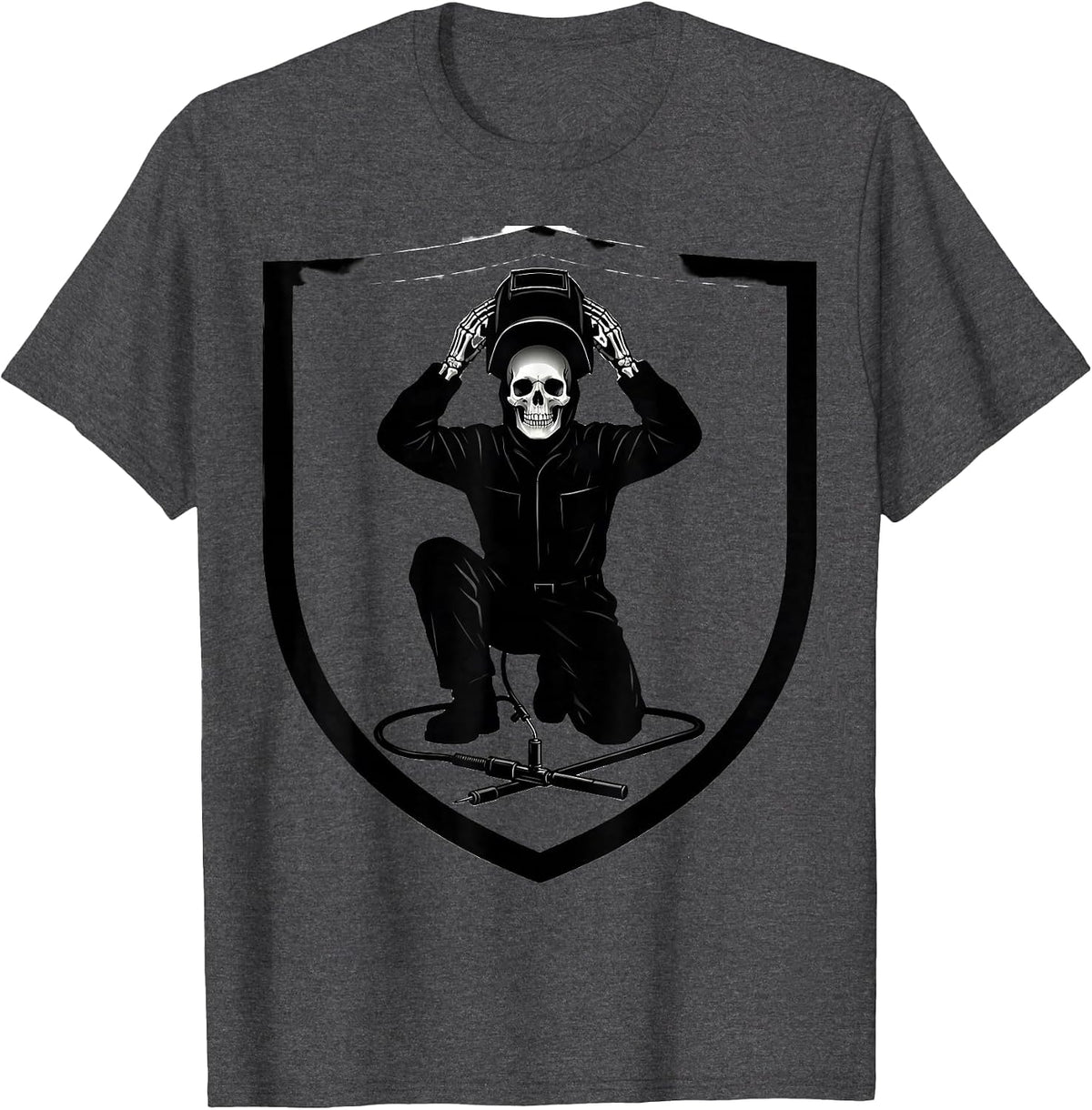 Men's Skeletal Welder Silhouette Tradesman Humor Gift T-Shirt - Dark Heather Grey
