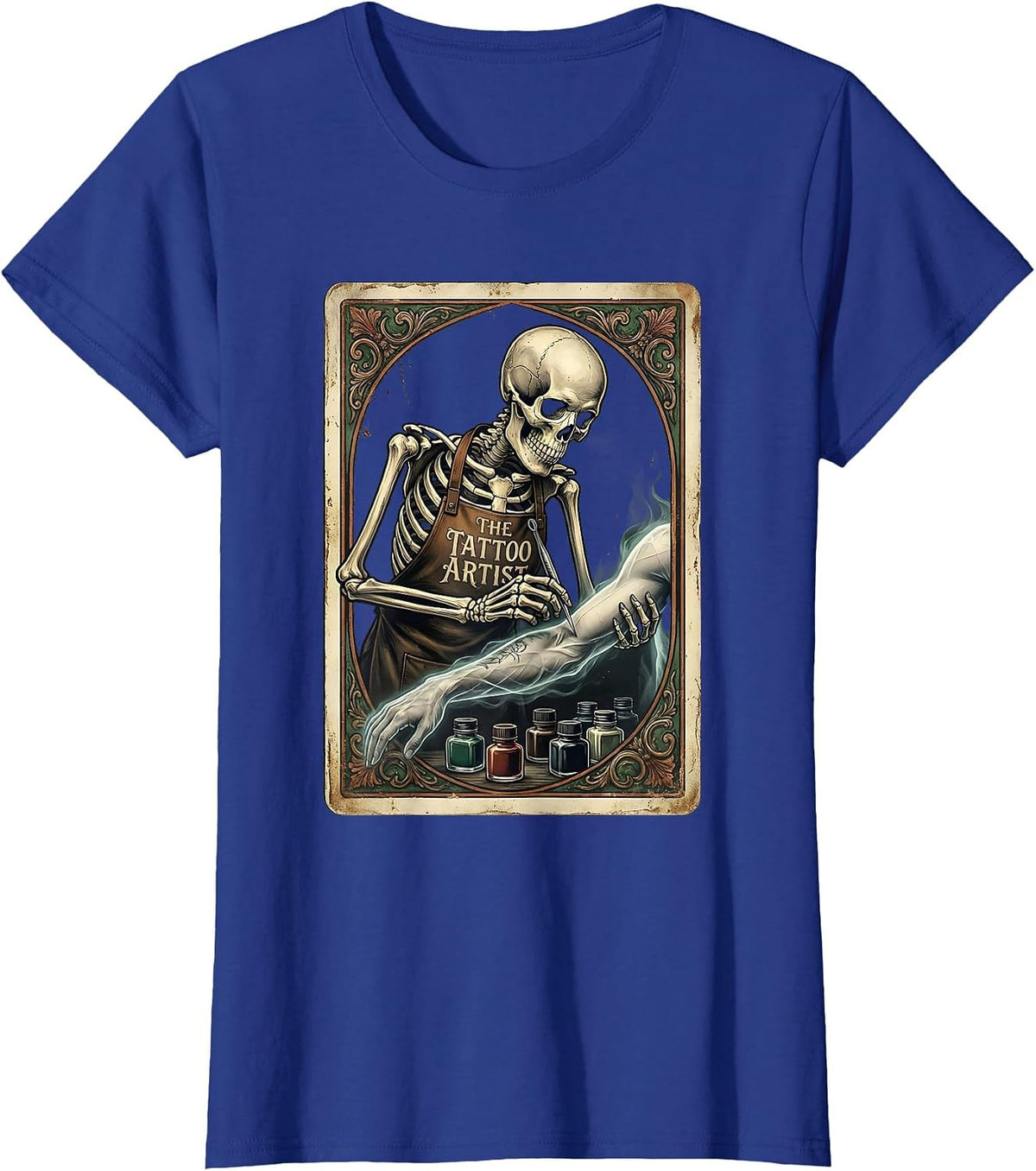Women's The Tattoo Artist Vintage Tarot Card Skeleton Gothic Humor T-Shirt - Royal Blue