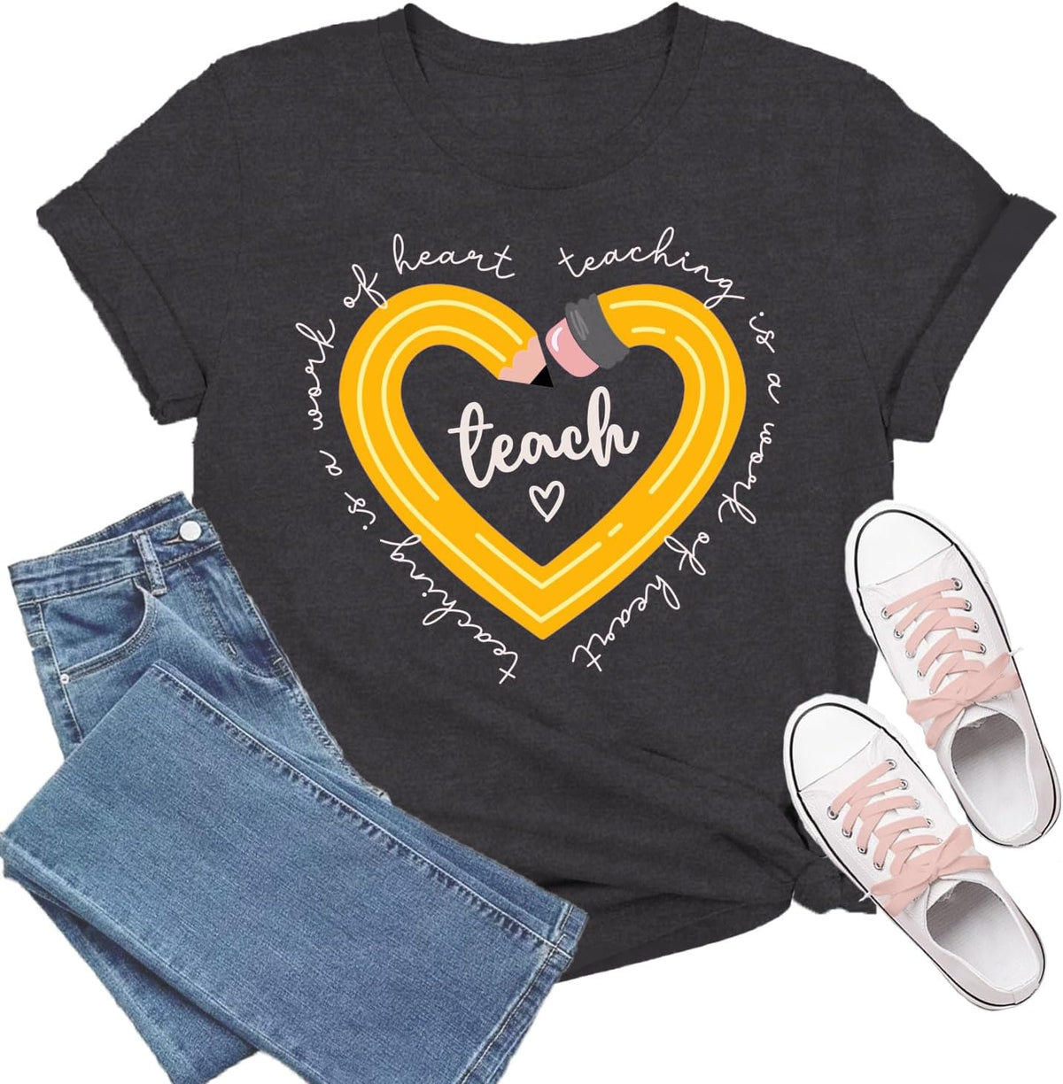 Teacher Shirts for Women Bow Teacher T-Shirt Pencil Teaching Tee Tops - Grey