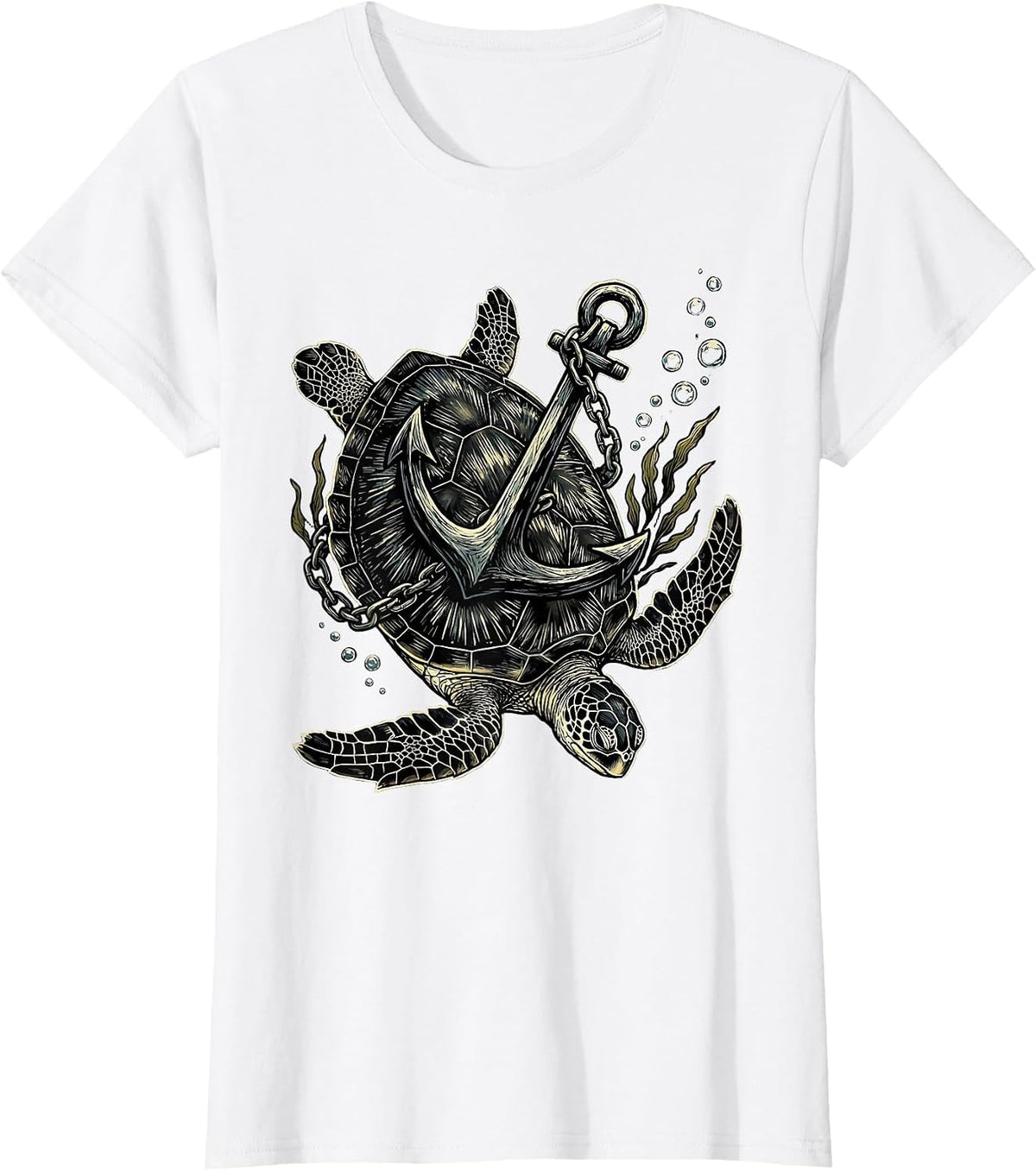 Turtle and Anchor Sinking Into the Deep Sea T-Shirt - White