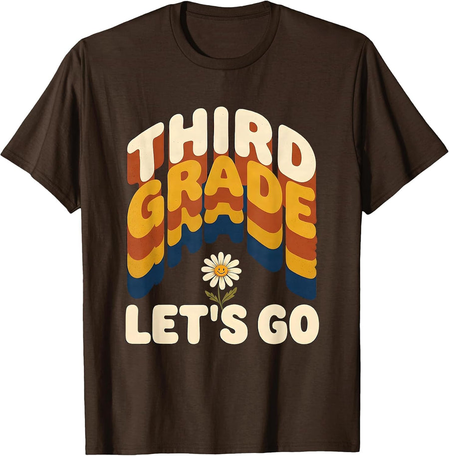 Third Grade Let's Go Retro Groovy Back To School First Day T-Shirt - Brown
