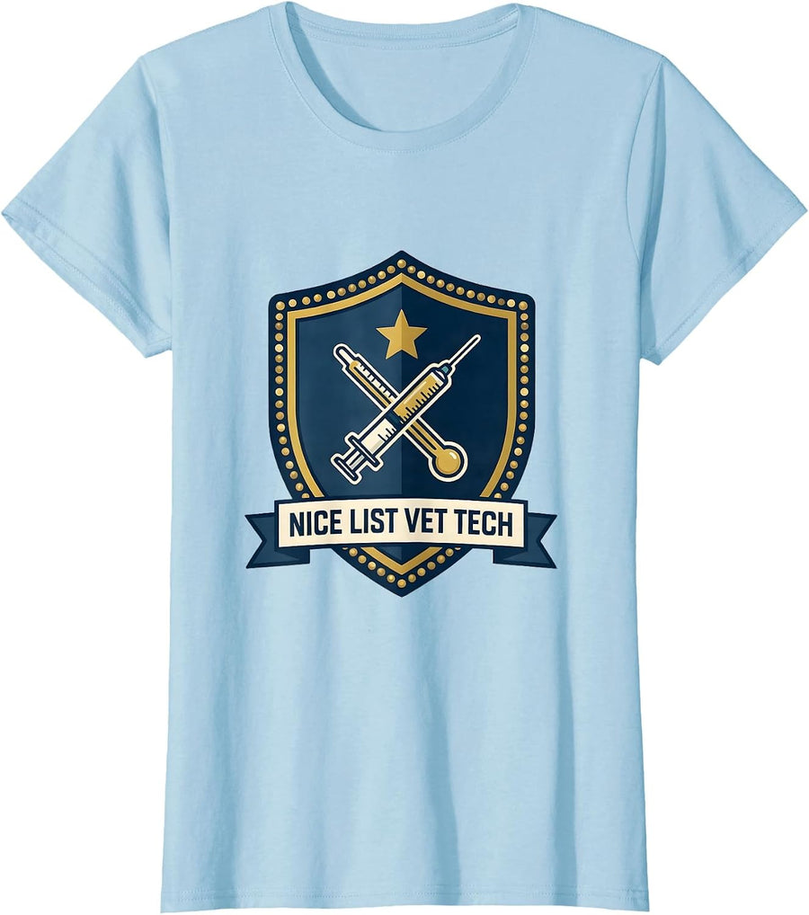 Women's Nice List Vet Tech Funny Veterinary Technician Christmas T-Shirt - Baby Blue