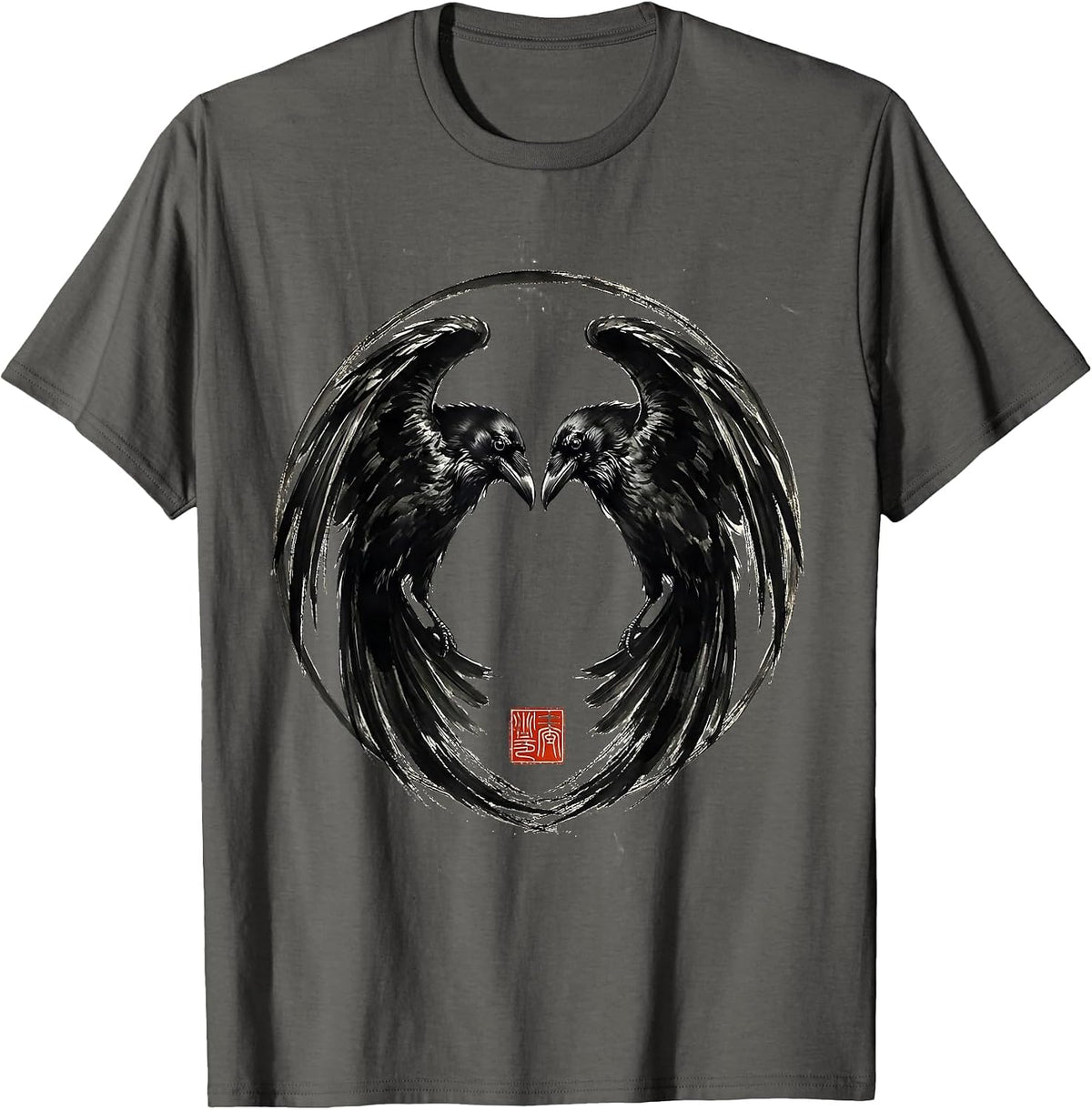 Twin Ravens Symmetrical Mirror Design T-Shirt - Asphalt Grey
