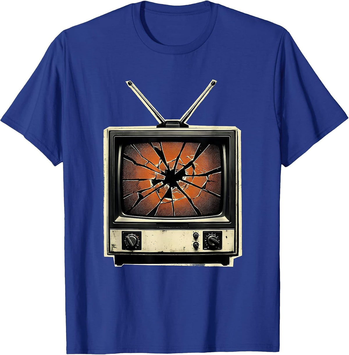 Grunge Smashed Vintage TV Static Illustration T-Shirt - Royal Blue