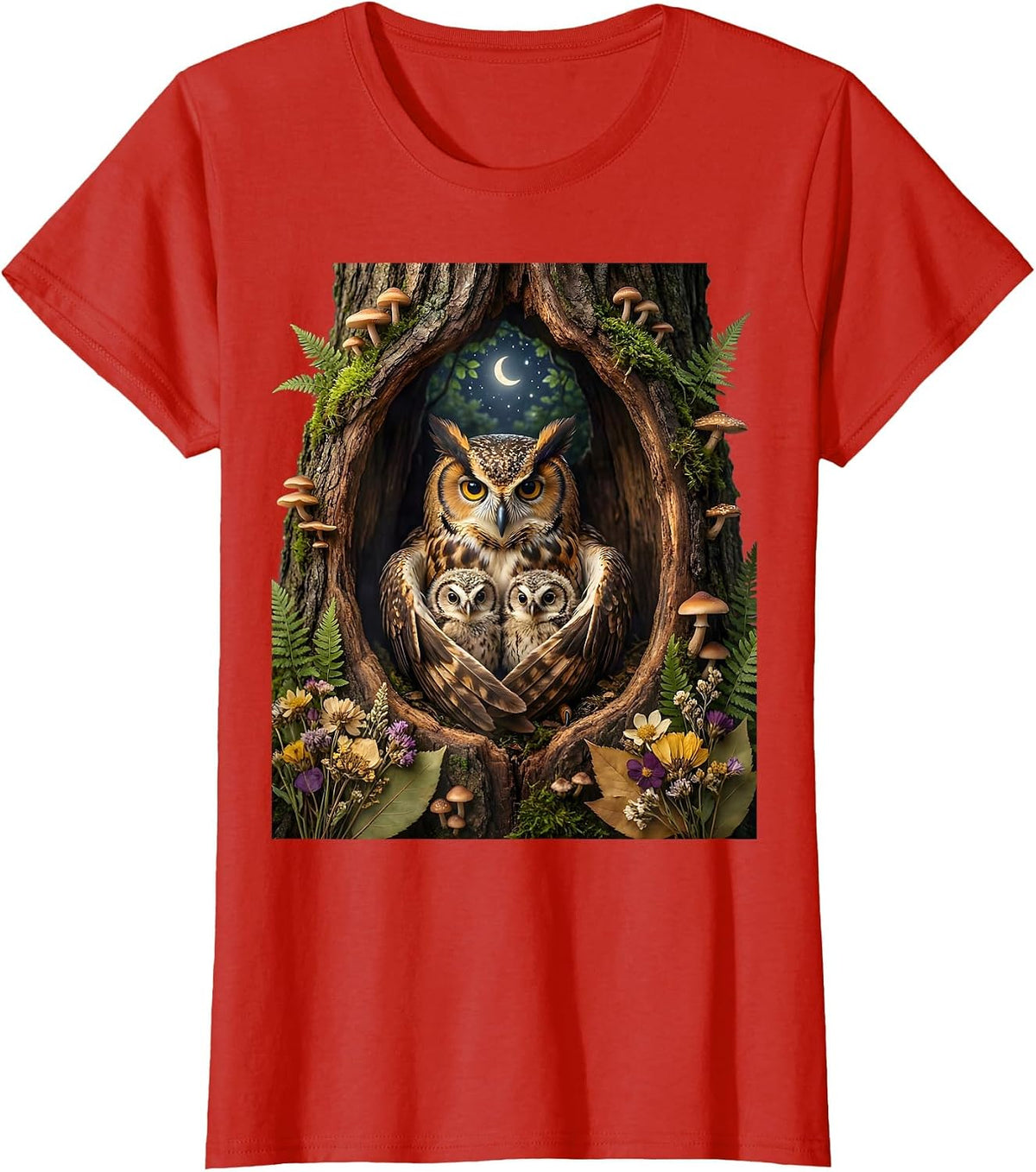 Mama Owl and Owlets in Hollow Tree Graphic T-Shirt - Red