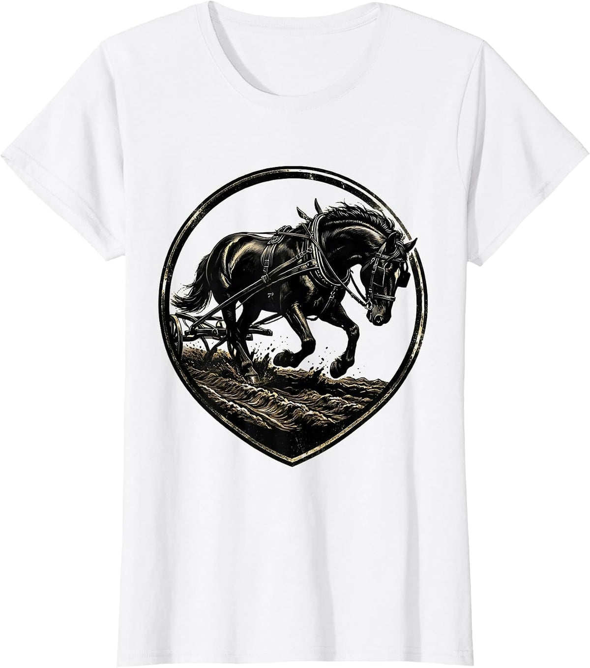 Draft Horse Pulling Plow Through Mud Illustration T-Shirt - White