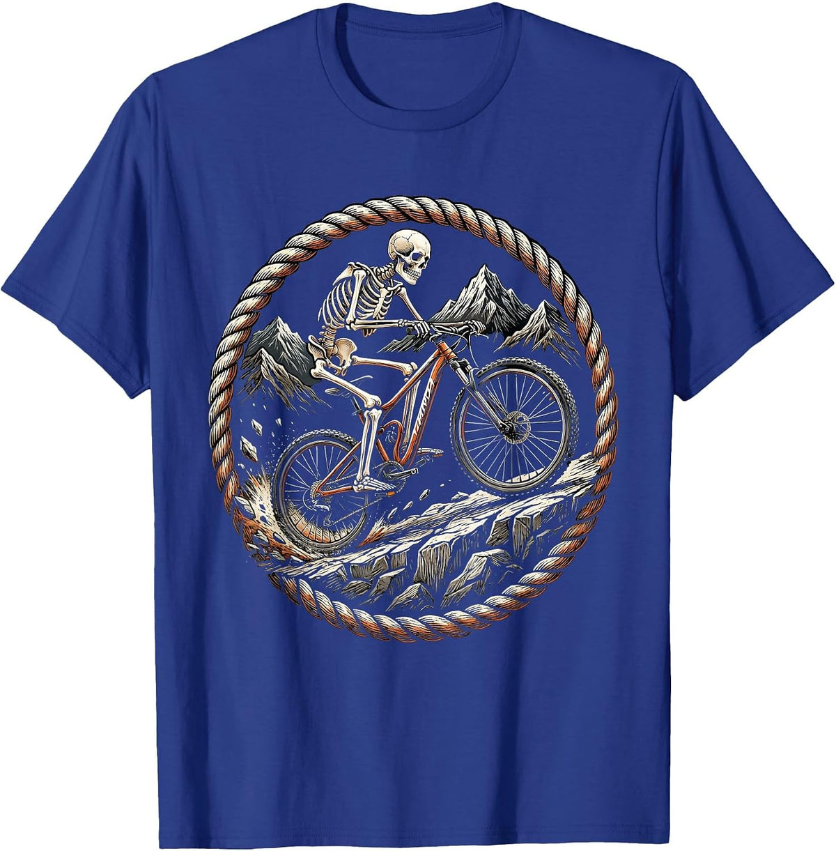 Mountain Biker Skeleton Shredding Rocky Descent T-Shirt - Royal Blue